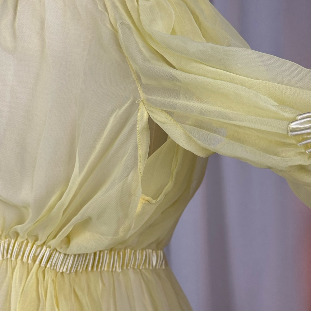 Vintage 1960s Sheer Lemon Nylon Peignoir Gown w/ Lilac Ribbon Rosette sz M/L - Picture 6 of 10